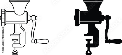 Foto Vintage manual meat grinder icon set featuring line and solid glyph styles for k