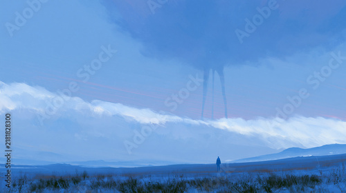 Lone Traveler Facing Giant Alien Creature in Blue Landscape