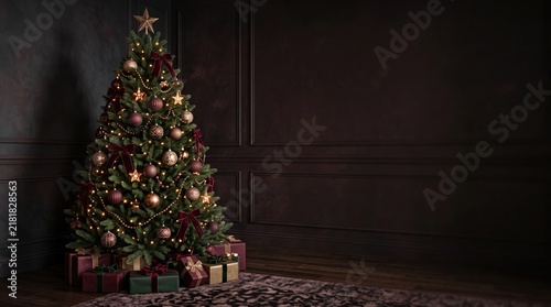3d Christmas Day abstract background new 2026 Decorated christmas tree with colorful ornaments and presents underneath illustration