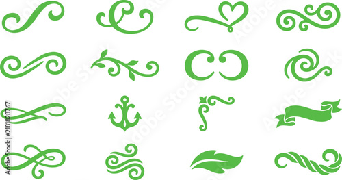 Green vector collection of ornate flourishes and calligraphic dividers for elegant design elements.