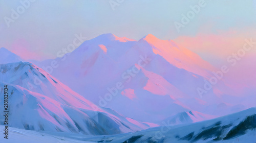 Pastel Snowy Mountain Peaks Under Pink Winter Sky