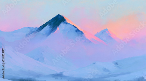 Pastel Snowy Mountain Peaks Under Pink Winter Sky