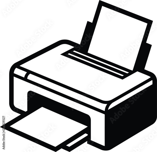 Black and white icon of a desktop printer with paper