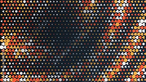 Abstract geometric motion background, with pulsing orange, and white shapes, on dark backdrop, pattern