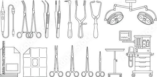 Foto Surgical tools set scalpel forceps scissors retractor surgical light anesthesia machine medical equipment line art vector