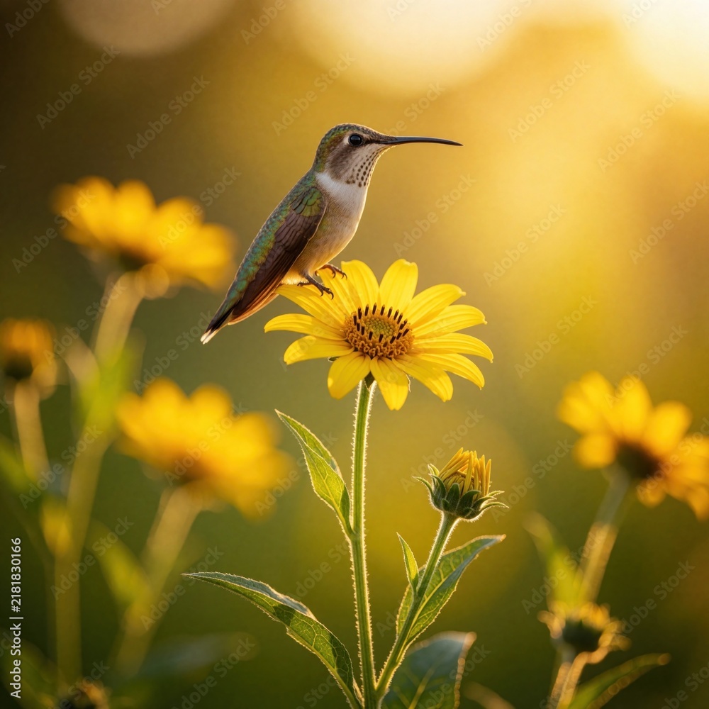 Obraz premium Small hummingbird sits on bright yellow flower petals. Soft golden hour light bathes flora and fauna. Sun shines on meadow with bokeh background.