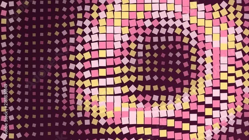 Abstract geometric motion background, with rotating pink, and yellow squares, in a hypnotic, tunnel pattern