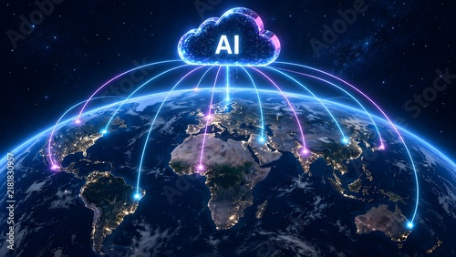 Naklejka Global AI Artificial Intelligence Cloud Computing Network Over Earth Concept