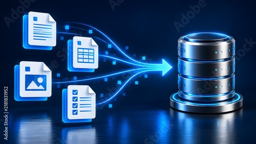 Plakat Data transfer from files to database server with blue light