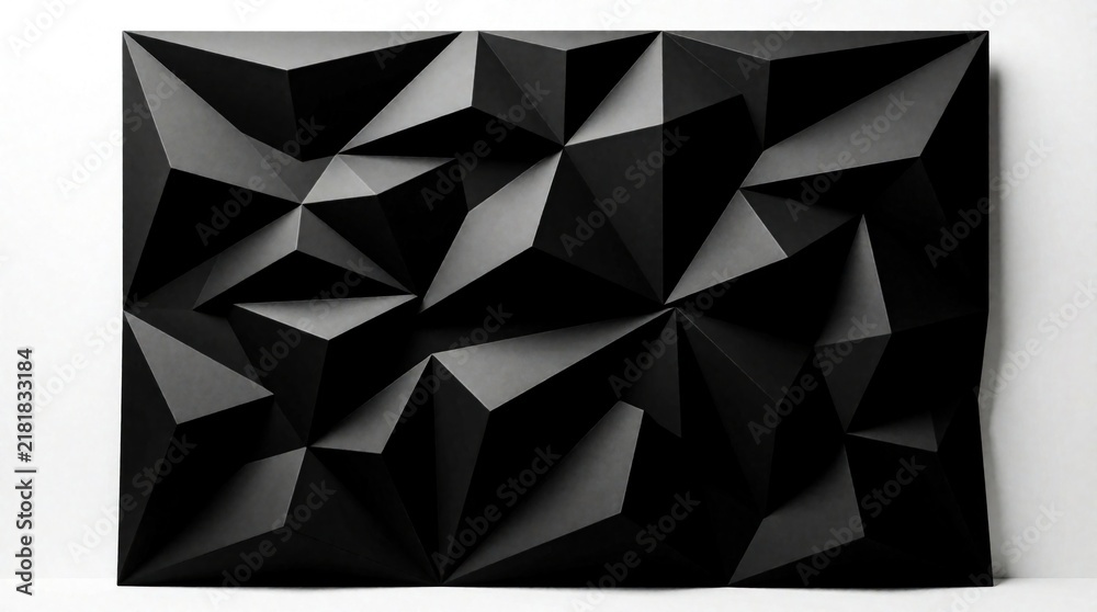 Fototapeta premium Black geometric panel with faceted surfaces creates abstract 3D wall art. Modern textured backdrop offers dramatic shadow play for interior design concepts.