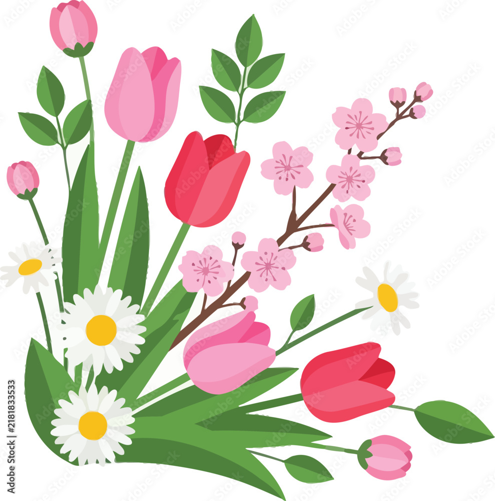Obraz premium Colorful floral arrangement with tulips daisies and cherry blossoms isolated on transparent background