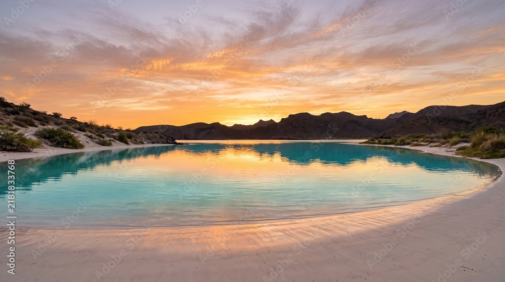 Obraz premium Beautiful sunset over a calm tropical lagoon with soft golden light reflecting on the water surface