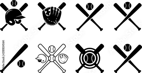 Baseball and Softball Crossed Bats Silhouette Icon Set with Balls, Helmets, and Gloves for Sports Logos, Emblems, and Team Insignia Designs