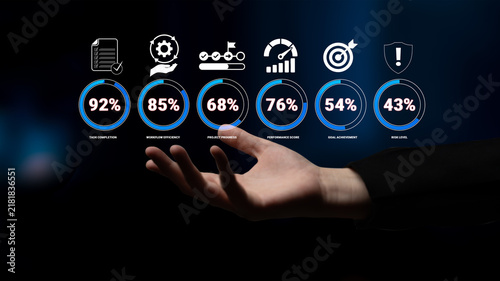Fotografie A hand reaching out displays performance metrics alongside various data visualization icons