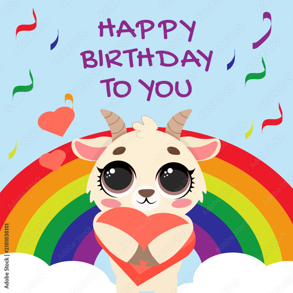 Fototapeta premium Happy birthday card with cute goat, colorful rainbow, clouds and falling confetti elements