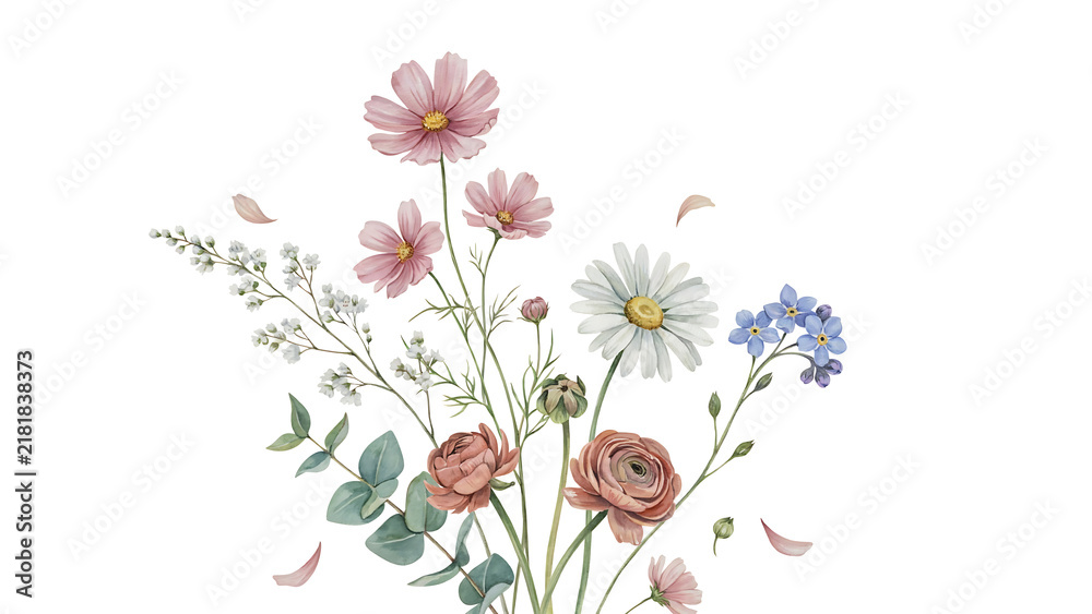 Fototapeta premium Delicate watercolor bouquet with pink cosmos and white daisies isolated on a transparent background