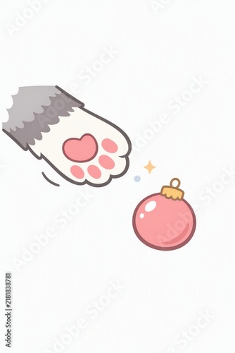 Cute cat paw with heart pad touching a pink christmas bauble for holiday background and sticker design