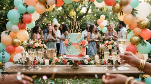 A Celebration of 100 Years: Guests gathered outdoors under a festive balloon arch, raising champagne flutes to toast a magnificent tiered cake, marking a centennial milestone with joyous camaraderie.