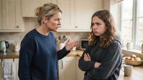 Teenager conflict: A frustrated mother argues with her disengaged teenage daughter in the kitchen, highlighting generational tension and communication breakdown.