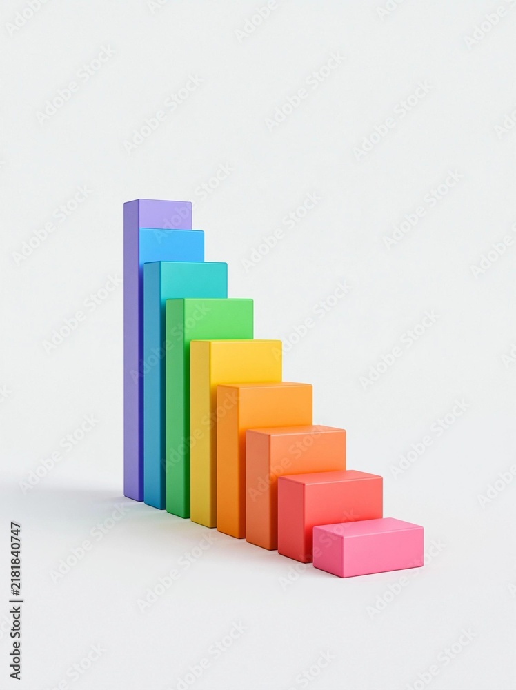 Obraz premium Group of colorful blocks arranged in a vertical line on a white background. the blocks are of different colors - purple, blue, green, yellow, orange, pink, and red.