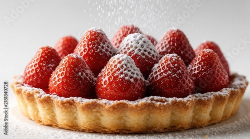 Close up of fresh strawberry tart with golden pastry crust. Red berries topped with white powdered sugar fall from above. Sweet delicious fruit dessert for bakery menu gourmet cooking. Minimalist