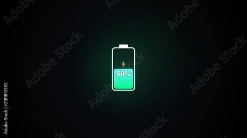 Smartphone battery icon at 50 power level in neon green. Suitable for technology blogs, mobile app designs, and electronicsrelated content.