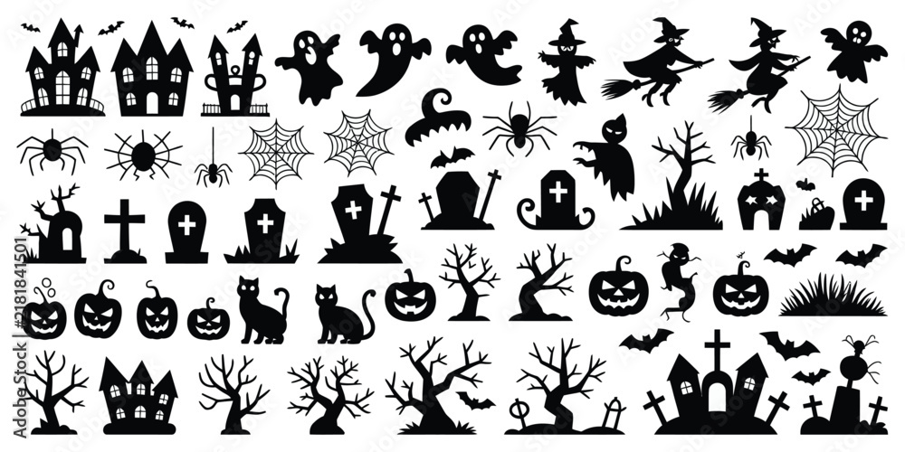 Fototapeta premium Halloween silhouette set, creepy bats pumpkins ghosts skulls witches and horror elements for posters decorations invitations stickers and merchandise