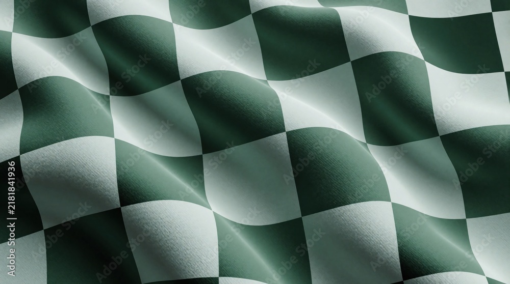 Obraz premium Waving green checkered flag fabric texture. Sport race finish line banner with a subtle wavy surface. Geometric pattern for victory celebration or competition.