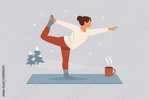 Woman practicing winter yoga at home on a mat with a hot mug for wellness background and poster design in flat minimalist style