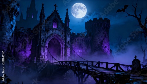 Haunted gothic castle with wooden bridge, full moon, bat and purple fog on spooky Halloween night