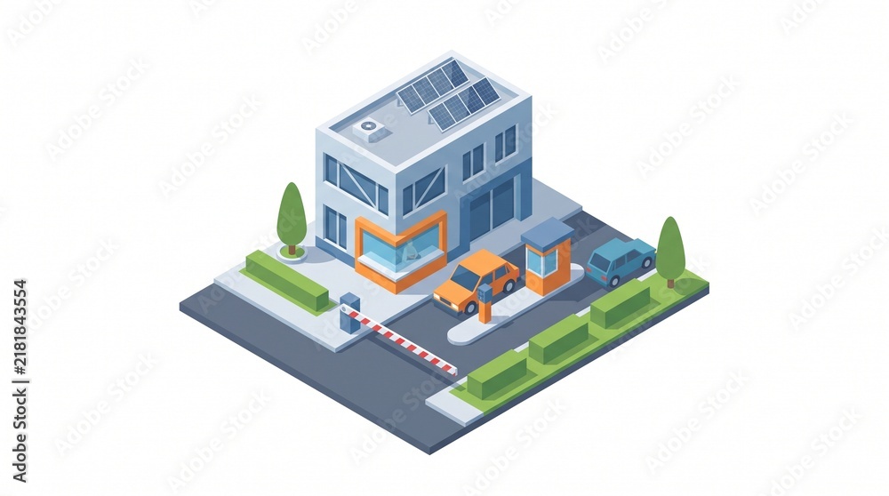 Obraz premium Isometric Illustration of a Modern Parking Lot Building with Controlled Access Barrier Gate and Commuter Cars on a City Roadway