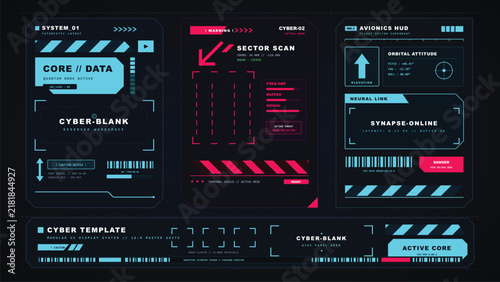 Futuristic Sci-Fi HUD Interface Screen Panels with Glowing Cyber Digital Data
