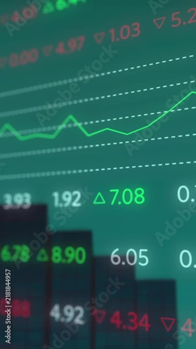 Animation of stock market data processing against tall buildings