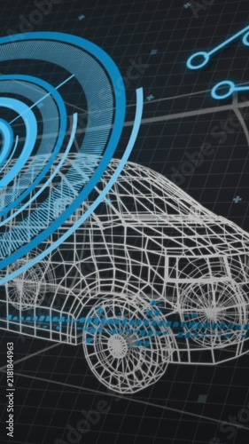 Animation of 3d model of car with digital interface and circuit board elements