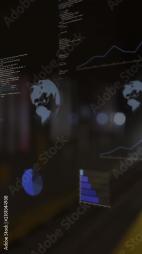 Animation of data processing and spinning globe against blurred view of train arriving at a station