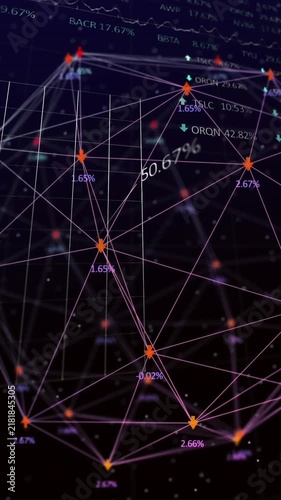 Animation of spinning globe over statistical and stock market data processing on black background