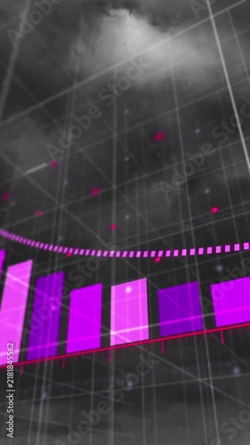 Animation of arrow on graph over grid pattern against lightning through dense clouds