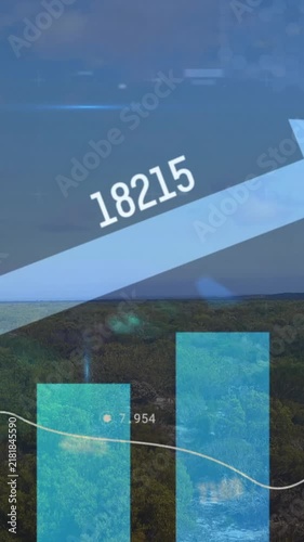Animation of arrow on bar graph and changing numbers over green landscape against cloudy sky