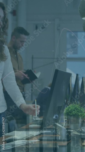 Animation of multiple graphs over caucasian coworkers looking into computer and writing in notepad