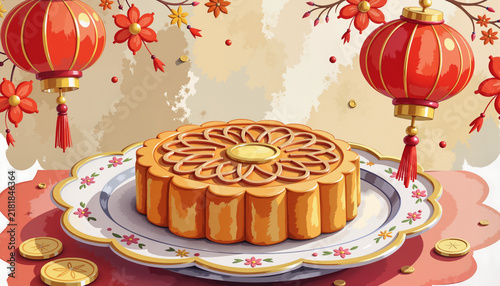 Mooncake on a decorative plate with lanterns and floral accents  