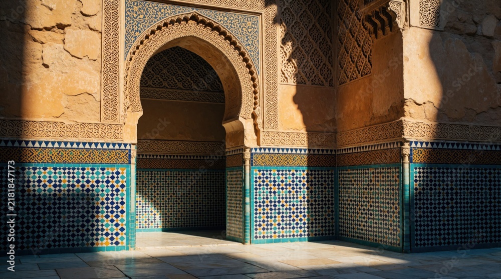 Obraz premium Ornate Moroccan archway with detailed mosaic tile patterns, carved plaster walls. Geometric designs in blue, yellow, green create intricate wall art. Sunlight casts dramatic shadows on ancient facade.