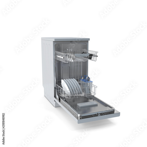 Open Dishwasher Loaded With Clean Plates and Cutlery