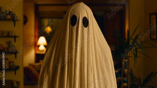 Person in a white bedsheet ghost costume standing motionless in a warmly lit living room as the sheet gently moves, then slowly turns toward the camera and steps forward.