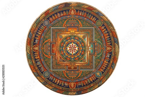 Colorful Vintage Indian Mandala Art Featuring Ancient Vedic Geometry and Sri Yantra Motif Design
