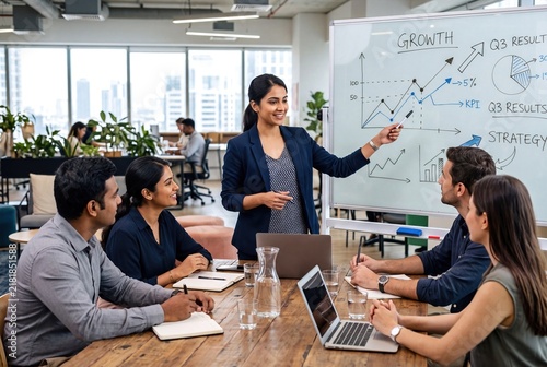 Young Indian Businesswoman Presenting Business Growth Strategy to Diversity Team in Modern Office Meeting Room