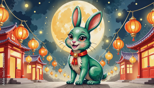Cute green rabbit with lanterns under a full moon in an Asian setting  