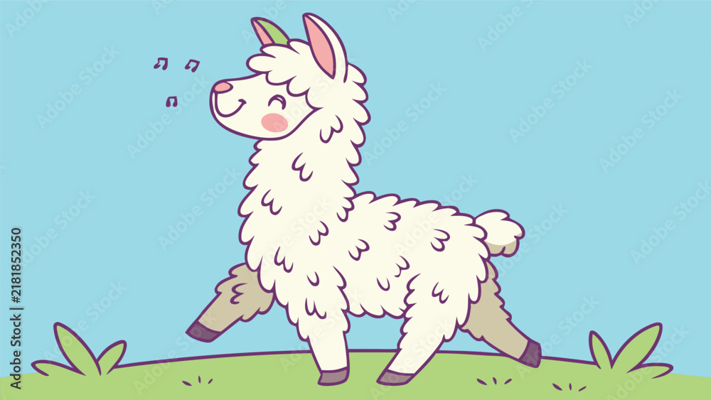 Fototapeta premium Happy white alpaca vector illustration singing on green grass field under blue sky backdrop.