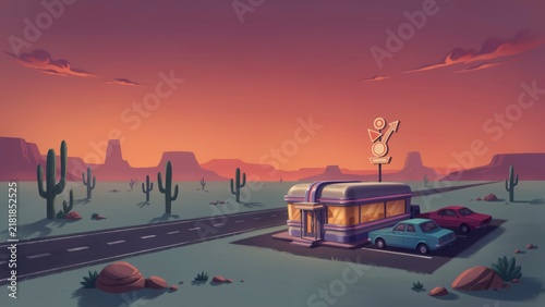 Retro vintage diner restaurant standing along an empty desert highway at dusk illustration