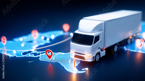Delivery truck traveling across a digital map with location pins represents logistics tracking and the concept of route planning supply chain management and transportation.
