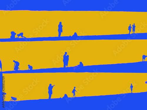 Obraz na płótnie Abstract artwork shows blue silhouettes of people across layered yellow bands, creating a bold minimalist composition with contrasting colors, human figures, and a contemporary poster-like aesthetic